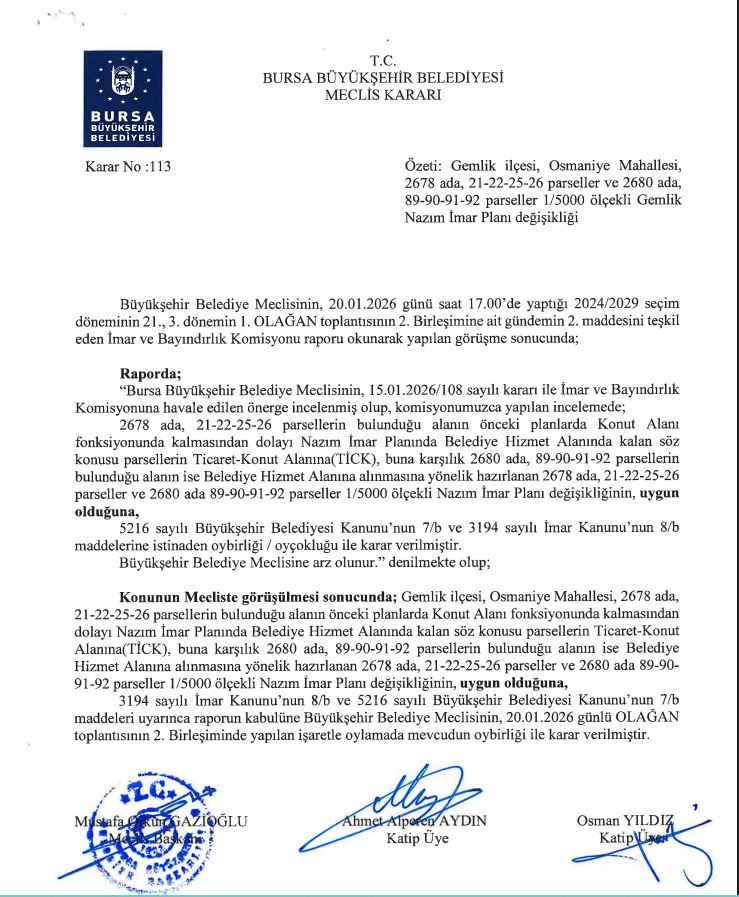 Gemlik Osmaniye Mahallesi sakinlerinin ve yatırımcıların dikkatine!